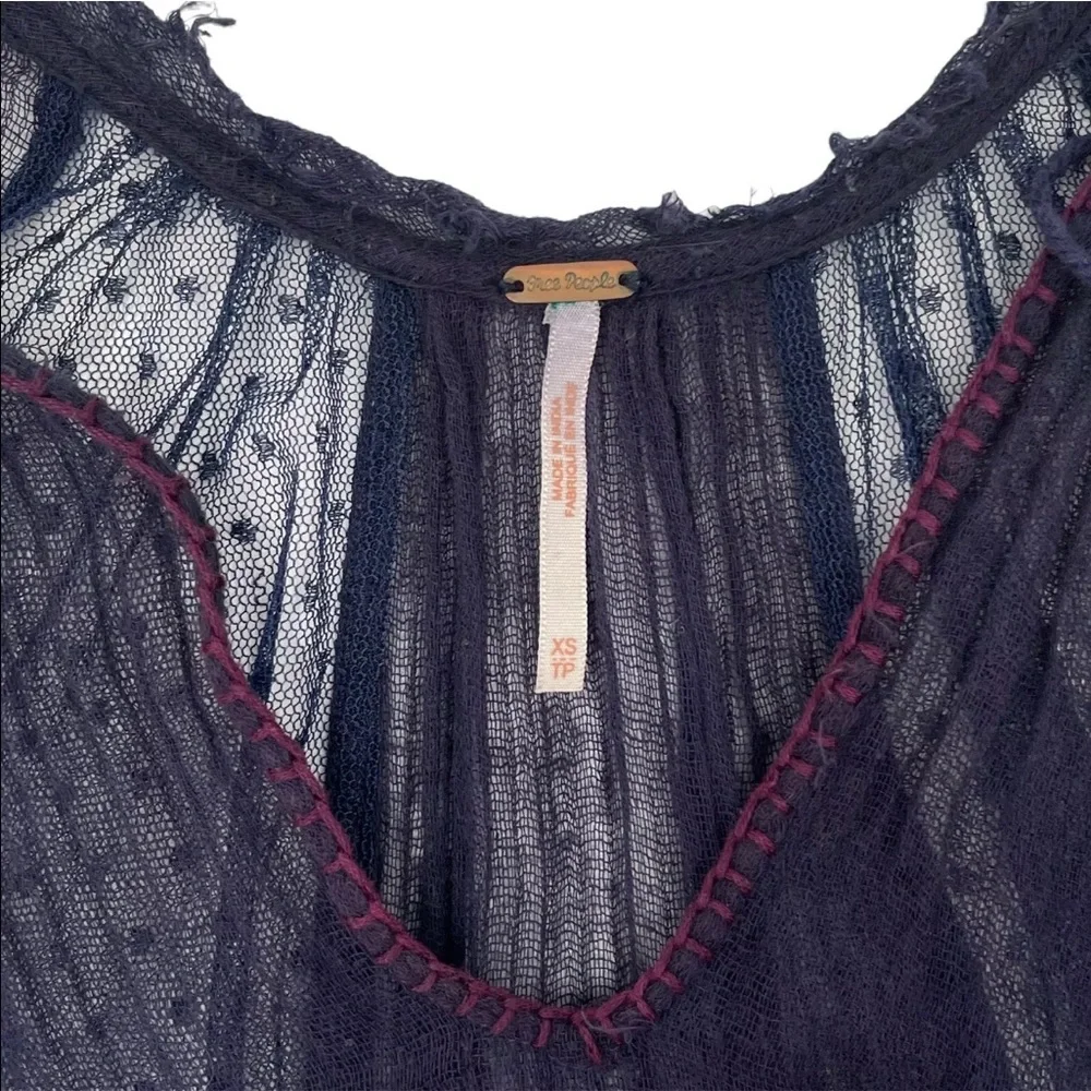 Free People Navy Blue Sheer Swiss Dot Gauze Maxi Dress Boho Oversized A-Line XS - Picture 7 of 12